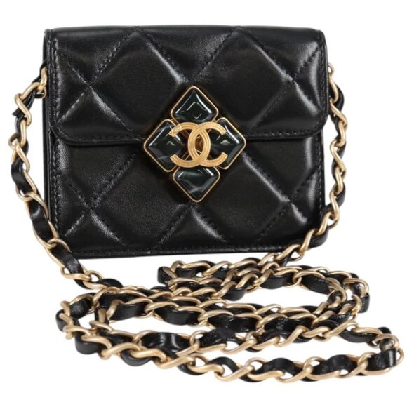 CHANEL Matelasse Chain Pouch Shoulder Bag Lamb Skin Black Gold CC Auth 127795M - Picture 1 of 14